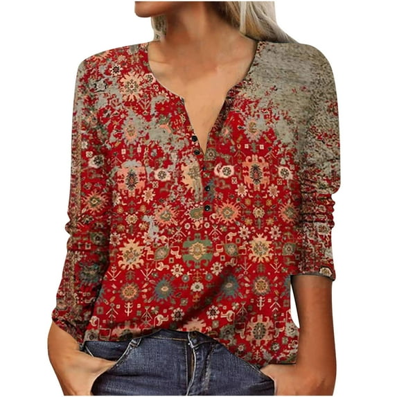ibuvkizy Womens Tops Women Casual Printing Long Sleeve Buttons Slim Blouse T-shirt Tops,Tshirts for Women,Plus Size Blouses Shirts,Summer Tops for Women 2025