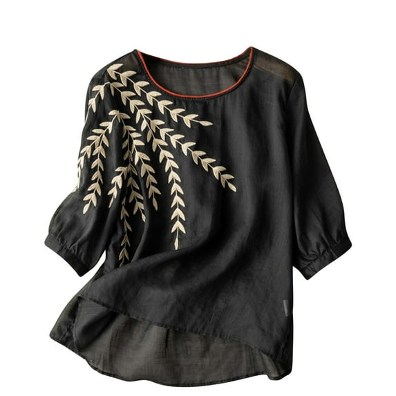 ibuvkizy Womens Tops Women's Five-Point Sleeve Loose Literary Vintage Cotton Top Long Sleeve Crew Neck Top/Shirt,Tshirts for Women,Plus Size Blouses Shirts,Summer Tops for Women 2025