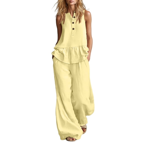 ibuvkizy Womens Two Piece Sets Summer Casual Outfit Sets V Neck Sleeveless Ruffle Tank Tops and Wide Leg Palazzo Pants Solid Color Beach