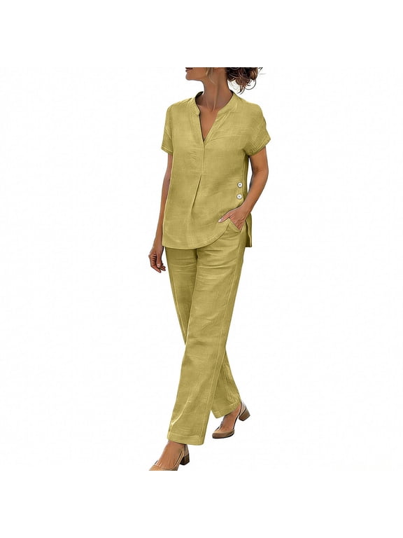Womens Two Piece Sets Summer Linen Outfits Sets Solid Color Short Sleeve V-Neck Shirts and Elastic Waist Pants for Beach Travel