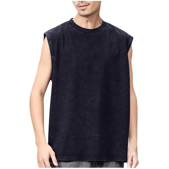ibuvkizy Workout Tank Tops Men Casual Round Neck Solid Color Sports Washed Cotton Retro Distressed T-shirt Black,L
