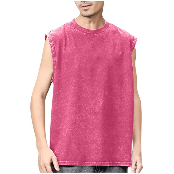ibuvkizy Workout Tank Tops Men Casual Round Neck Solid Color Sports Washed Cotton Retro Distressed T-shirt Hot Pink,S