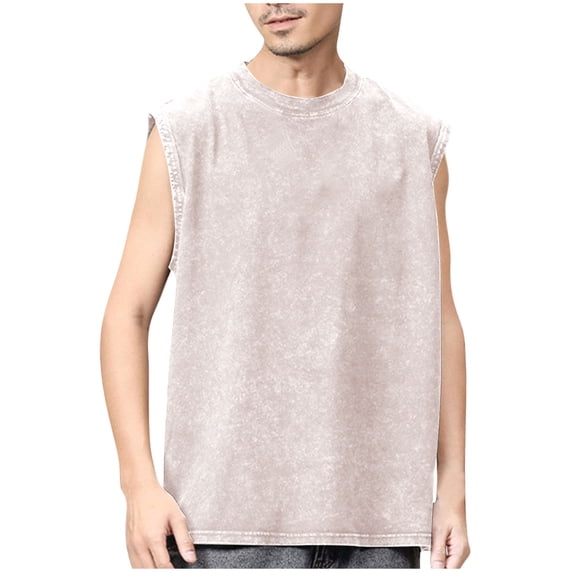 ibuvkizy Workout Tank Tops Men Casual Round Neck Solid Color Sports Washed Cotton Retro Distressed T-shirt White,S
