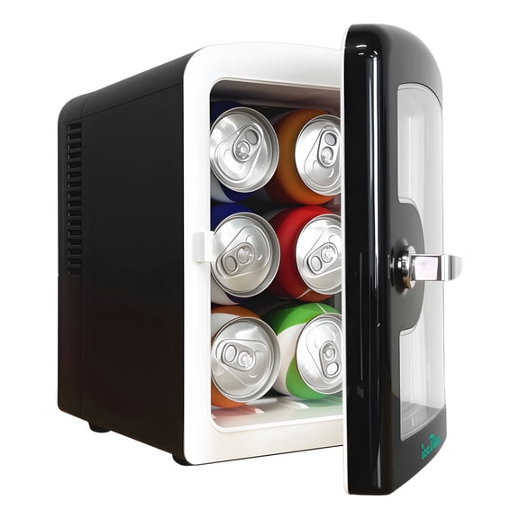 iceBlue 4L Mini Fridge for Cosmetics and Drinks, Car/Home Use (Black), Skincare Refrigerator, Transparent Window and Retro Chrome Handle