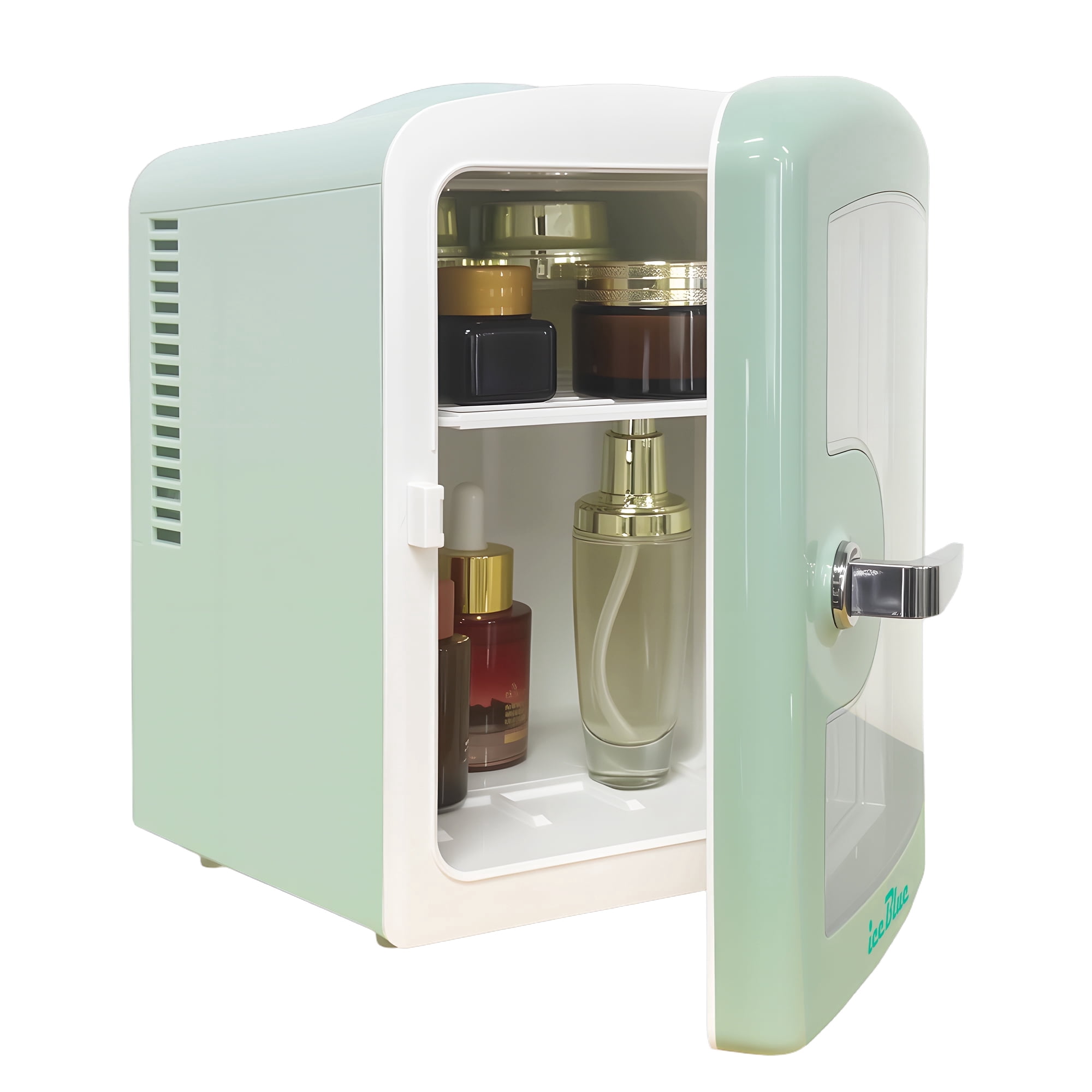 iceBlue 4L Mini Fridge for Cosmetics and Drinks, Car/Home Use (Green), Skincare Refrigerator, Transparent Window and Retro Chrome Handle