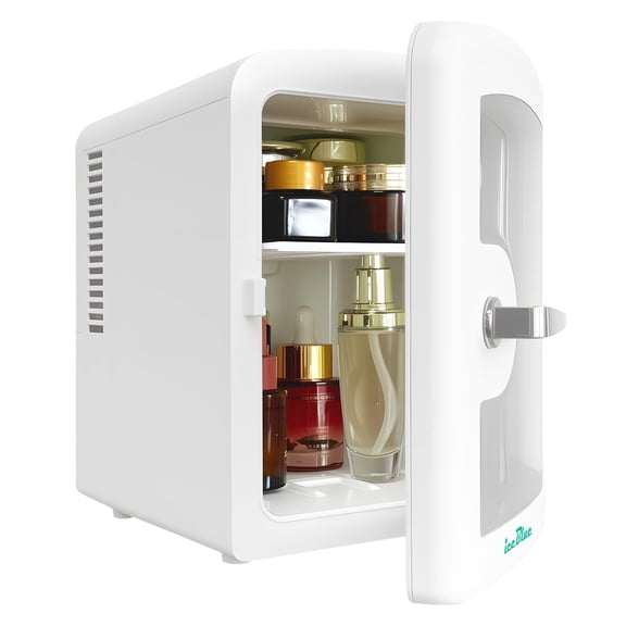 iceBlue 4L Mini Fridge for Cosmetics and Drinks, Car/Home Use (White), Skincare Refrigerator, Transparent Window and Retro Chrome Handle