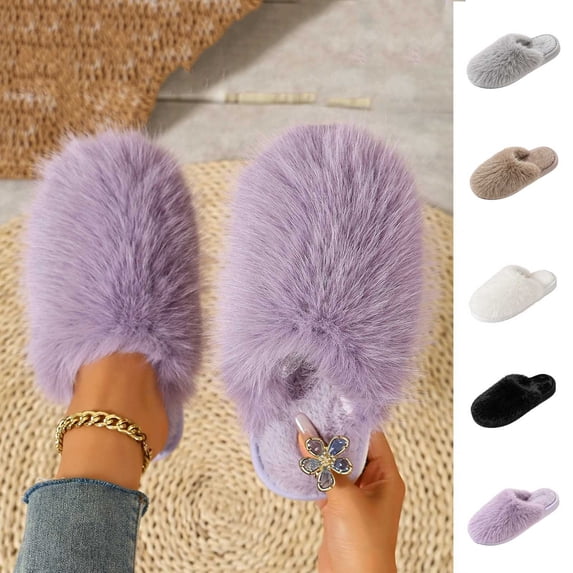 ichuanyi Fuzzy Slippers for Women Cozy Plush House Shoes Winter Warm Fluffy Fur Slippers with Non Slip Outsole for Indoor Outdoor Use