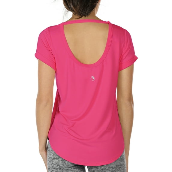 icyzone Open Back Yoga Shirts for Women - Exercise Workout Tops, Athletic Short Sleeves, Running T-Shirts Loose Fit