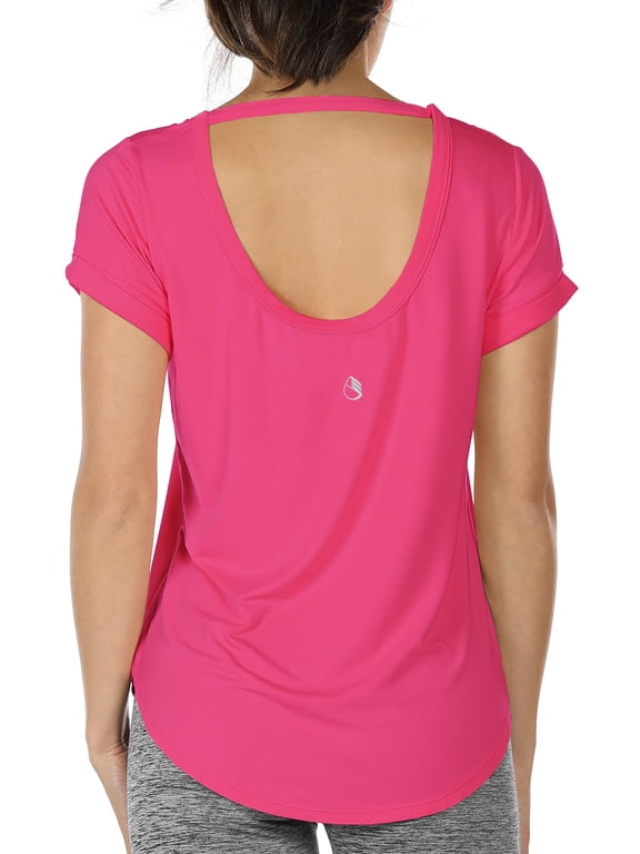 Open Back Yoga Shirts for Women - Exercise Workout Tops, Athletic Short Sleeves, Running T-Shirts Loose Fit