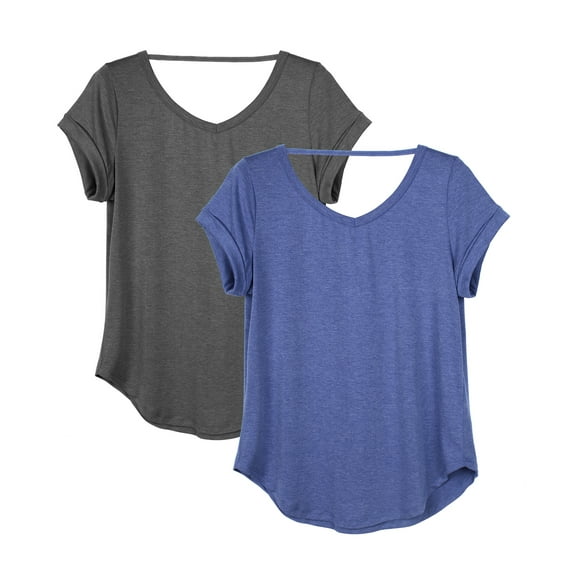 icyzone Open Back Yoga Shirts for Women - Exercise Workout Tops, Athletic Short Sleeves, Running T-Shirts Loose Fit