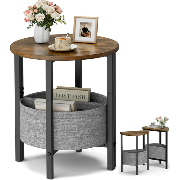 ide Table, Small Round End Table with Fabric Basket, Set of 2 Half Round Side Table Half Moon Tables, Accent Coffee Table, Tea Sofa Tables Nightstand for Living Room Bedroom Small Space