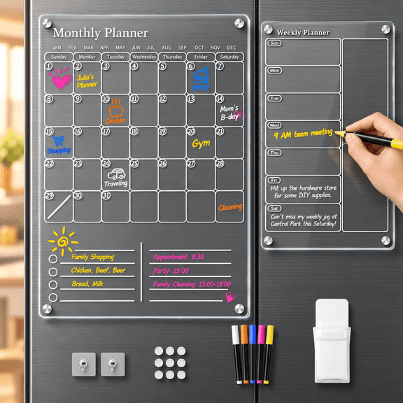 Clear Acrylic Magnetic Calendar for Refrigerator- Sleek Dry Erase Board & Chore Chart for Fridge, Perfect Family Organizer, Includes 5 High-Contrast Markers for Stainless Steel & White Kitchens