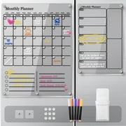 ideaTech Acrylic Magnetic Dry Erase Calendar for Fridge, 2 in 1 Clear Weekly Monthly Planner Whiteboard Calendar to Do List Board for Refrigerator Kitchen Menu Board Meal Planner (2 Pack, White)