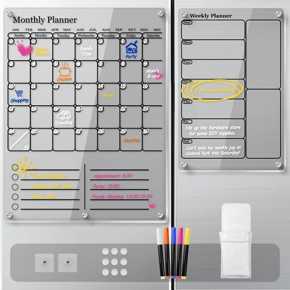 ideaTech Acrylic Magnetic Dry Erase Calendar for Fridge, 2 in 1 Clear Weekly Monthly Planner Whiteboard Calendar to Do List Board for Refrigerator Kitchen Menu Board Meal Planner (2 Pack, Black)