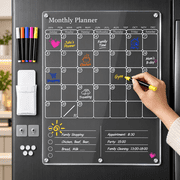 Clear Acrylic Magnetic Calendar for Refrigerator- Sleek Dry Erase Board & Chore Chart for Fridge, Perfect Family Organizer, Includes 5 High-Contrast Markers for