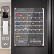 Clear Acrylic Magnetic Calendar for Refrigerator- Sleek Dry Erase Board & Chore Chart for Fridge, Perfect Family Organizer, Includes 5 High-Contrast Markers for Stainless Steel & White Kitchens