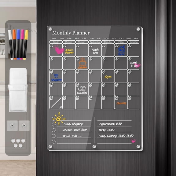 Clear Acrylic Magnetic Calendar for Refrigerator- Sleek Dry Erase Board & Chore Chart for Fridge, Perfect Family Organizer, Includes 5 High-Contrast Markers for Stainless Steel & White Kitchens