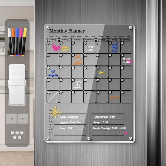 Clear Acrylic Magnetic Calendar for Refrigerator- Sleek Dry Erase Board & Chore Chart for Fridge, Perfect Family Organizer, Includes 5 High-Contrast Markers for Stainless Steel & White Kitchens