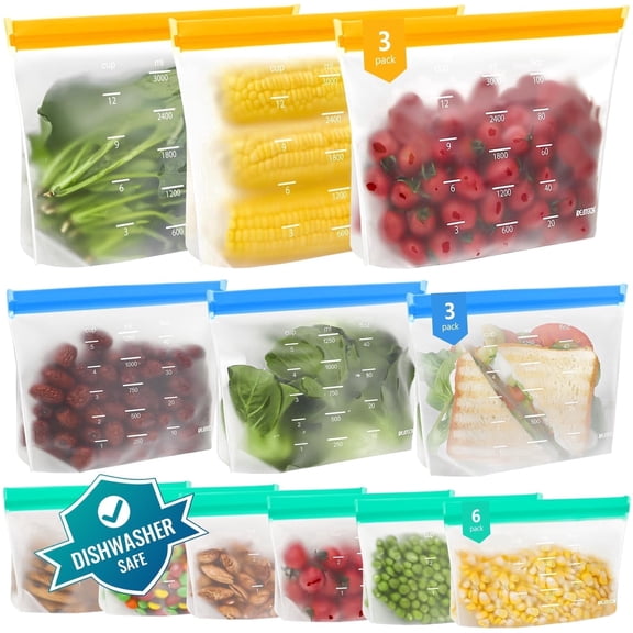 Reusable Gallon Freezer Bags - BPA Free, Leakproof & Dishwasher Safe Sandwich Bags Food Storage Bags for Meal Prep, Marinating Meats, Kitchen Organization- 12 Pack Stand Up Pouches