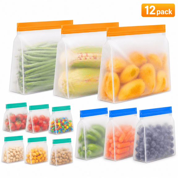 Reusable Gallon Freezer Bags - BPA Free, Leakproof & Dishwasher Safe Sandwich Bags, Stand Up Food Storage Bags for Meal Prep, Marinating Meats, Kitchen Organization- 12 Pack