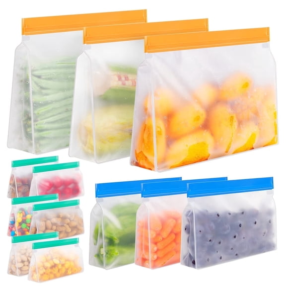 IDEATECH Reusable Gallon Freezer Bags - BPA Free, Leakproof & Dishwasher Safe Sandwich Bags, Stand Up Food Storage Bags for Meal Prep, Marinating Meats, Kitchen Organization- 12 Pack