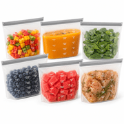 Reusable Gallon Freezer Bags - BPA Free, Leakproof & Dishwasher Safe Food Storage Bags for Meal Prep, Marinating Meats, Kitchen Organization - 6 Pack Stand Up Pouches, Gray