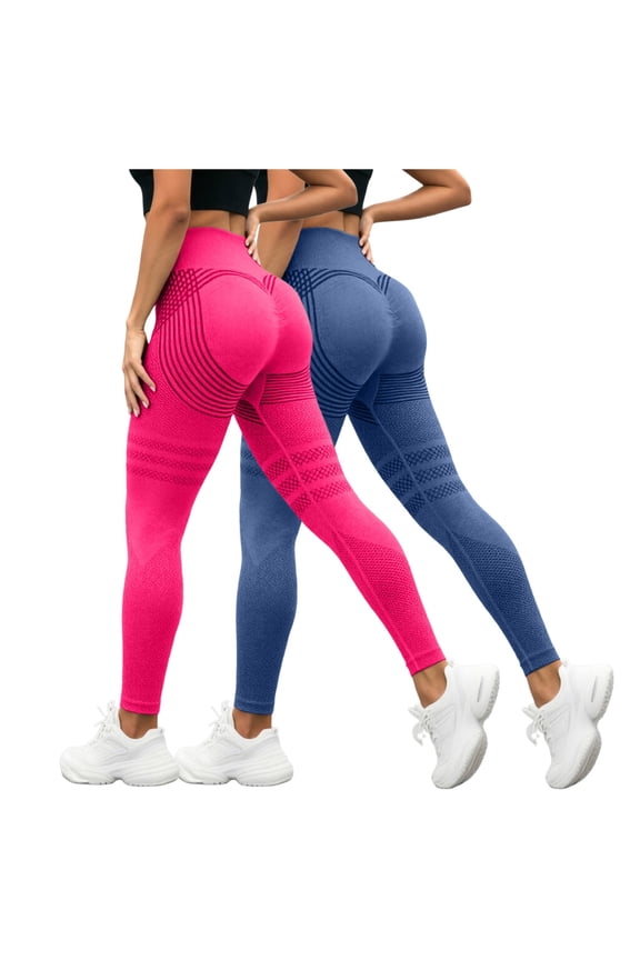 2 Pack Lifting Yoga Women Tummy Control High Waist Seamless Booty Scrunch Running Workout Pants (Navy, L)