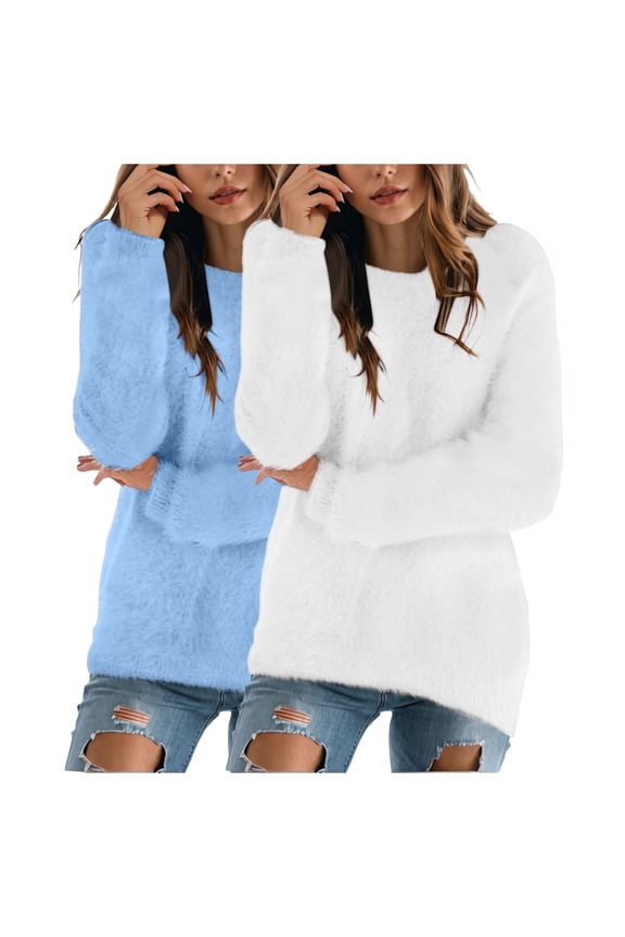 2 Pack Womens Cute Sweatshirt Warm Long Sleeve Crew Neck Loose Fluffy Fuzzy Jumper Pullovers Tops Cozy Fall Sweaters (Blue, L)