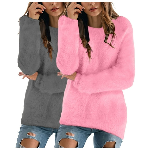 idosla 2 Pack Womens Cute Sweatshirt Warm Long Sleeve Crew Neck Loose Fluffy Fuzzy Jumper Pullovers Tops Cozy Fall Sweaters (Grey, 3XL)
