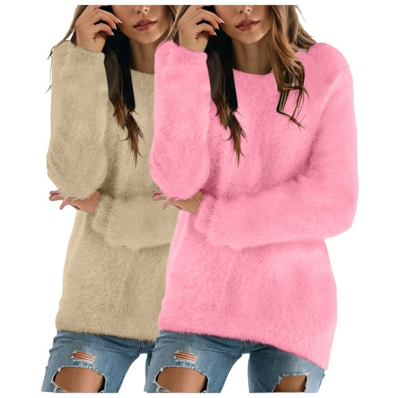 idosla 2 Pack Womens Cute Sweatshirt Warm Long Sleeve Crew Neck Loose Fluffy Fuzzy Jumper Pullovers Tops Cozy Fall Sweaters (Hot Pink, 3XL)