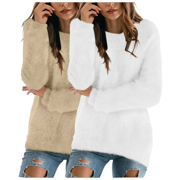 idosla 2 Pack Womens Cute Sweatshirt Warm Long Sleeve Crew Neck Loose Fluffy Fuzzy Jumper Pullovers Tops Cozy Fall Sweaters (Khaki, M)