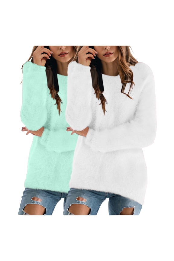 2 Pack Womens Cute Sweatshirt Warm Long Sleeve Crew Neck Loose Fluffy Fuzzy Jumper Pullovers Tops Cozy Fall Sweaters (Light Green, M)