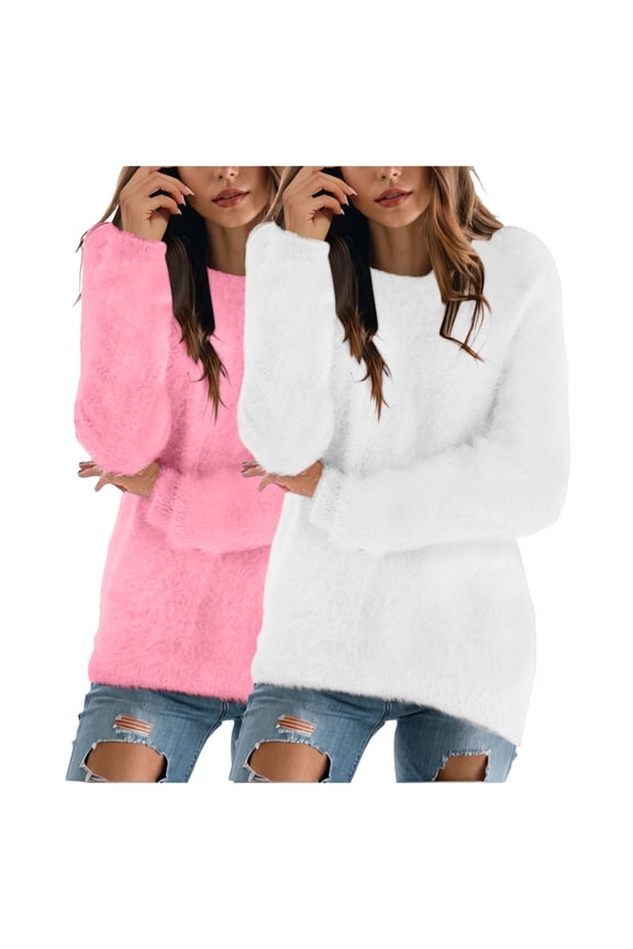 2 Pack Womens Cute Sweatshirt Warm Long Sleeve Crew Neck Loose Fluffy Fuzzy Jumper Pullovers Tops Cozy Fall Sweaters (White, 3XL)