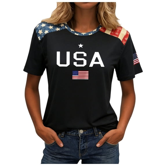 idosla 250 Anniversary USA Shirt Women's Short Sleeve T-Shirt Patriotic American Flag Eagle Tops 1776-2026 Tshirt Gifts (Black, XL)