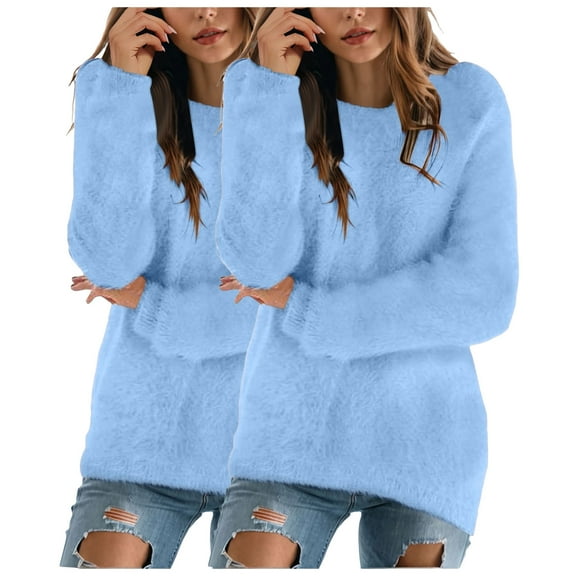 idosla 2PCS Sweatshirt for Women Fall Winter Fluffy Fuzzy Jumper Sweater Comfort Fashionable Pullovers Long Sleeve Shirts Round Neck (Blue, S)