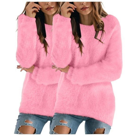 idosla 2PCS Sweatshirt for Women Fall Winter Fluffy Fuzzy Jumper Sweater Comfort Fashionable Pullovers Long Sleeve Shirts Round Neck (Hot Pink, M)