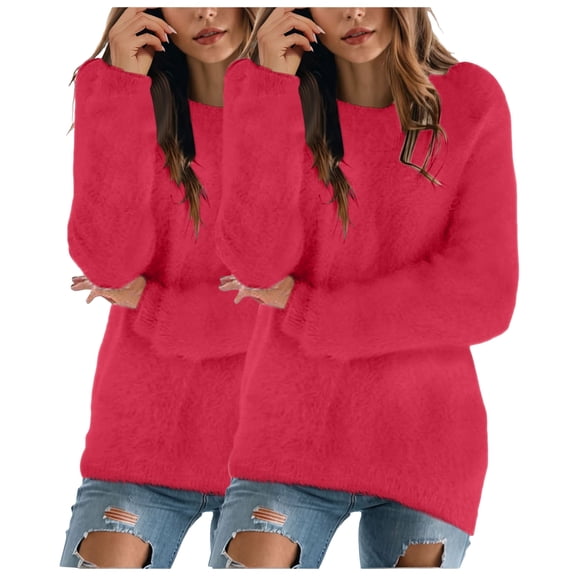 idosla 2PCS Sweatshirt for Women Fall Winter Fluffy Fuzzy Jumper Sweater Comfort Fashionable Pullovers Long Sleeve Shirts Round Neck (Red, 3XL)
