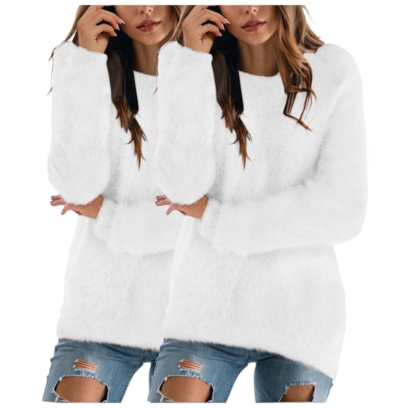 idosla 2PCS Sweatshirt for Women Fall Winter Fluffy Fuzzy Jumper Sweater Comfort Fashionable Pullovers Long Sleeve Shirts Round Neck (White, L)