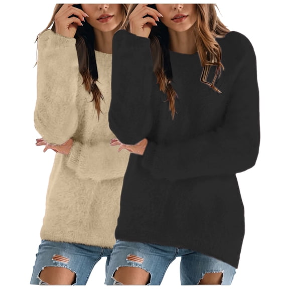 idosla 2PCS Womens Cute Sweatshirt Casual Crewneck Fleece Pullover Long Sleeve Thermal Soft Fuzzy Sweater Winter Clothes 2025 (Black, XL)