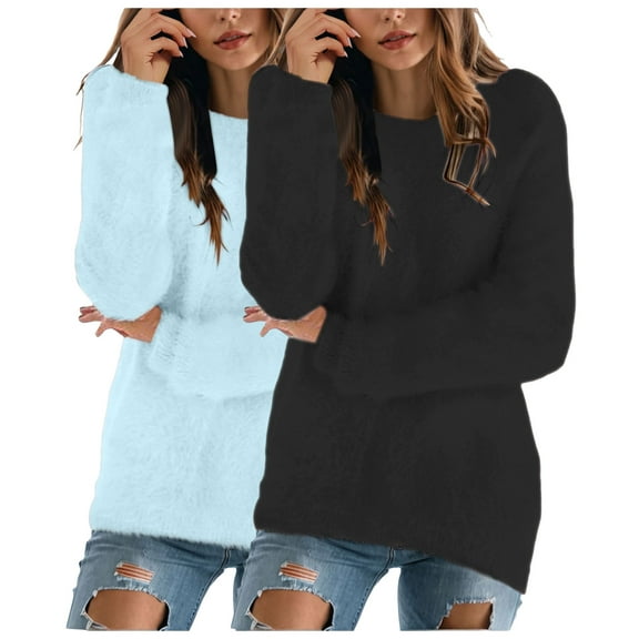 idosla 2PCS Womens Cute Sweatshirt Casual Crewneck Fleece Pullover Long Sleeve Thermal Soft Fuzzy Sweater Winter Clothes 2025 (Sky Blue, XL)