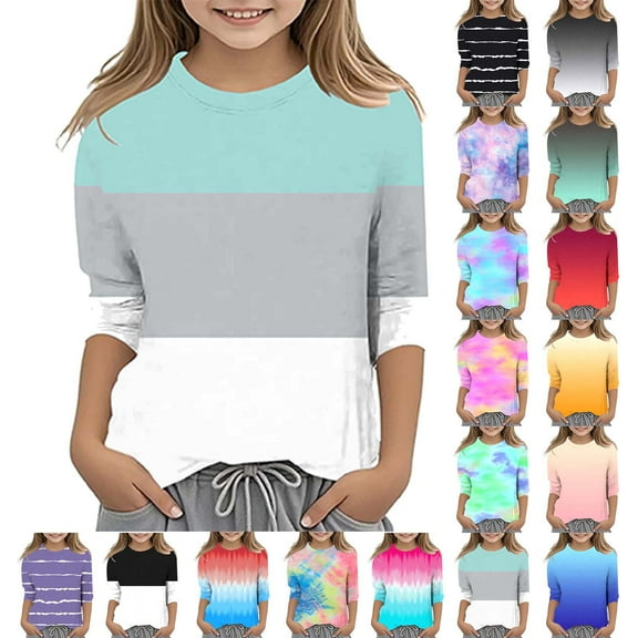 idosla 3/4 Length Sleeve Girls Tops Summer T-Shirts Striped Color Block Print Crewneck Casual Basic Tee Tops Blouse (Light Gray, 4-5 Years)