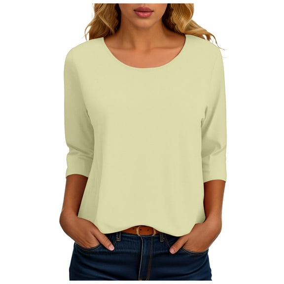 idosla 3/4 Length Sleeve Womens Tops Casual Loose Fit Crewneck T Shirts Cute Solid Three Quarter Length Tunic Tops (Beige, M)