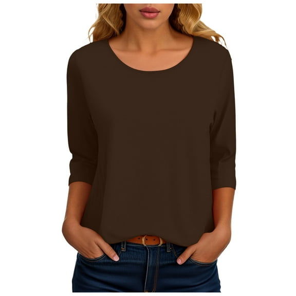 idosla 3/4 Length Sleeve Womens Tops Casual Loose Fit Crewneck T Shirts Cute Solid Three Quarter Length Tunic Tops (Coffee, M)