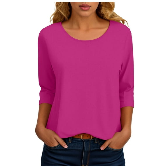 idosla 3/4 Length Sleeve Womens Tops Casual Loose Fit Crewneck T Shirts Cute Solid Three Quarter Length Tunic Tops (Hot Pink, M)