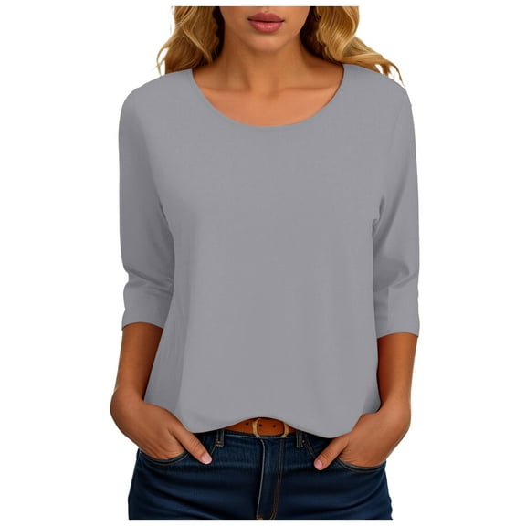 idosla 3/4 Length Sleeve Womens Tops Casual Loose Fit Crewneck T Shirts Cute Solid Three Quarter Length Tunic Tops (Light Gray, M)