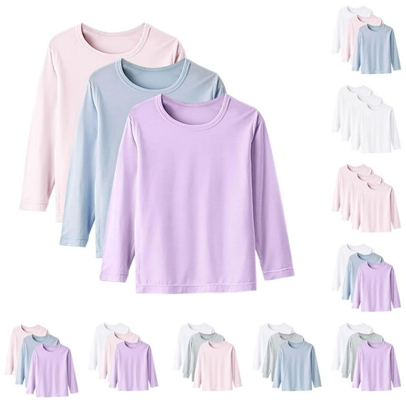 idosla 3-Pack Girls' Long Sleeve Shirts Kids Basic Long Sleeve Solid Color Tees Toddlers' Crew Neck Soft Loose Fall Tops (White2, 11-12 Years)
