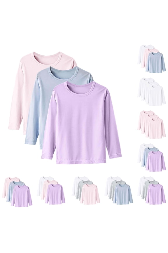 3-Pack Girls' Long Sleeve Shirts Kids Basic Long Sleeve Solid Color Tees Toddlers' Crew Neck Soft Loose Fall Tops (White2, 11-12 Years)