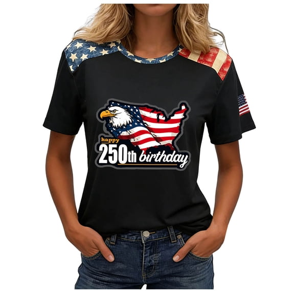 idosla American 250th Anniversary Rhinestone 3D Printed Design Women's T-Shirt Eagle 1776-2026 America Flag Crew Neck Tee (Blue, 4XL)