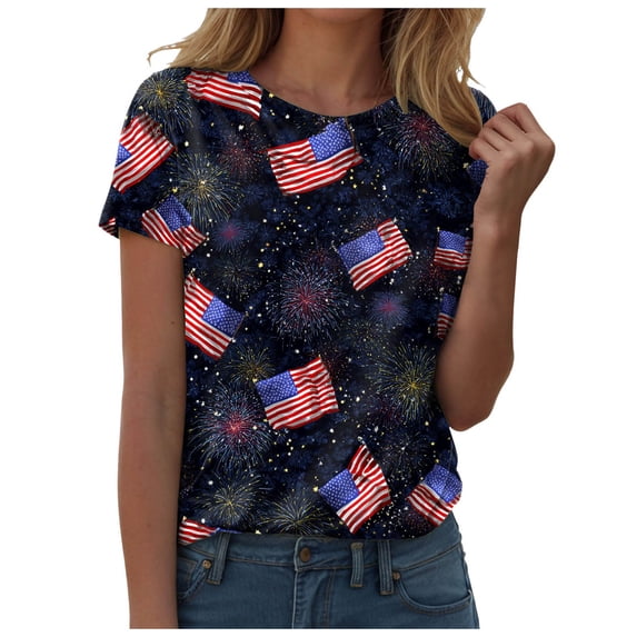 idosla American Flag Shirts for Women Short Sleeve 4Th of July Patriotic Tops Red White Stars Stripes Graphic Tees Pullover (Black, M)