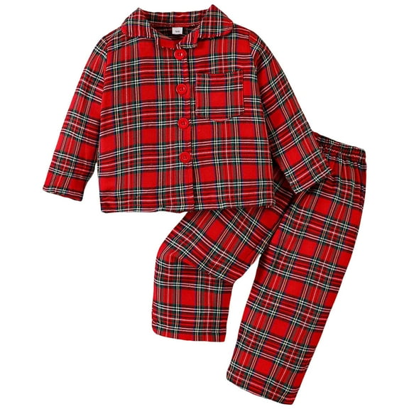 idosla Baby Boy Girl Pajamas Christmas Red Plaid Print Long Sleeve Lapel Collar Button Down Top Shirt Pants Nightwear (Red, 3-4Years)